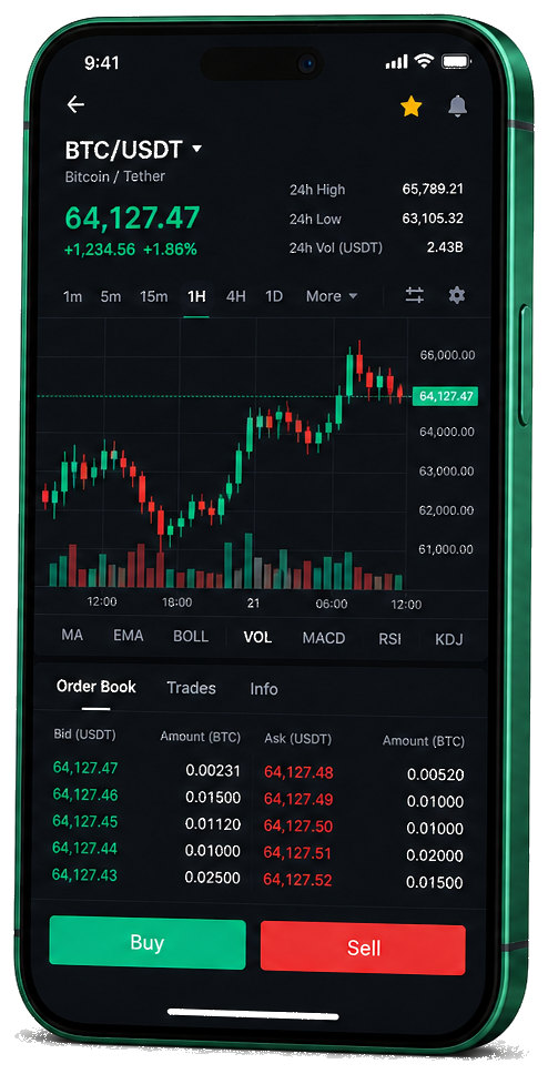 Yieldario mobile trading platform — live BTC/USDT chart, order book and buy/sell interface